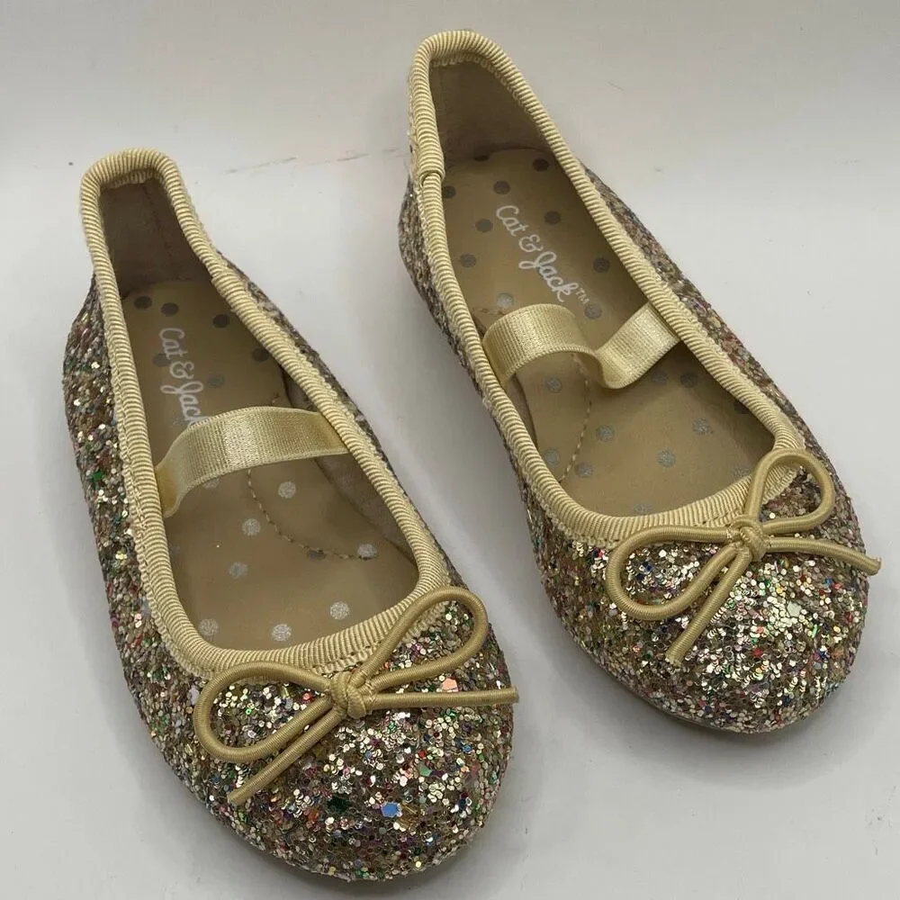 Cat & Jack Girls Size 5 Glitter Ballet Flats Gold Bow Sparkly Slip-On Dress Shoe